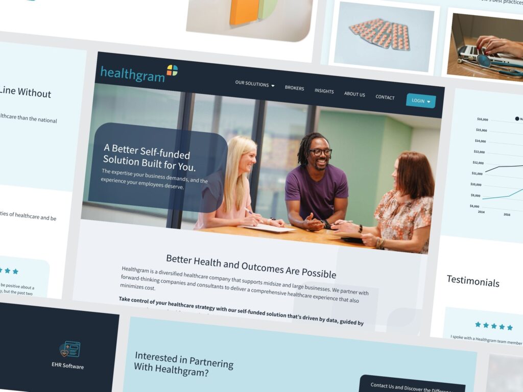 Healthgram website homepage with team meeting